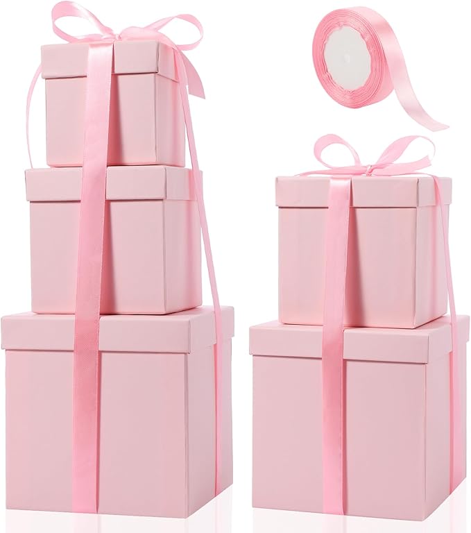 Cholemy 5 Pcs Square Nesting Boxes Decorative Gift Boxes with Lid and Ribbon Assorted Sizes Wrap for Wedding, Thanksgiving, Christmas, Anniversary, Birthday, Bridal Party(Pink)