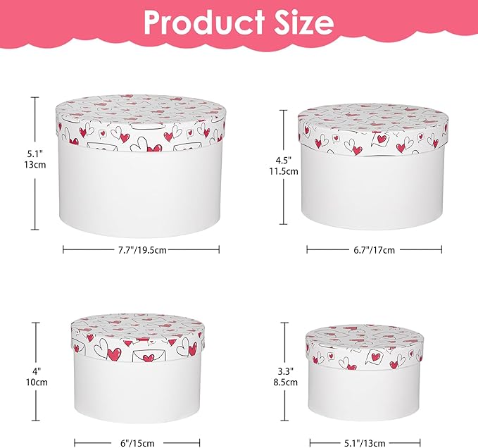 Luxury Round Nested Gift Boxes with Lids (Set of 4) – Reusable Sturdy Cardboard Gift Box Set for Birthdays, Weddings, Anniversaries, Christmas, and Valentine’s Day – White & Red