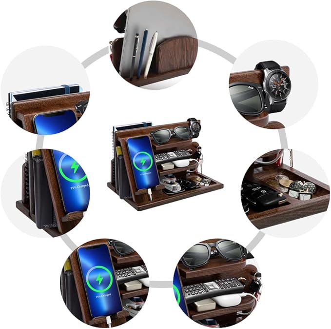 Gifts for Men Christmas, Wood Phone Docking Station, Mens Gifts for Birthday or Gifts for Dad Fathers Day, Desk Workspace Organizer Nightstand Organizer Key for Wallet & Watch Holder Husband Christmas