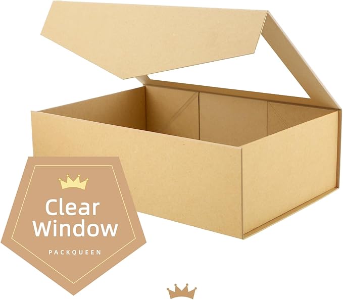 PACKQUEEN 5 Large Kraft Gift Boxes with Windows, 13.5x9x4.1 Inches Clear Gift Boxes for Presents Contain Ribbons, Cards, Groomsmen Proposal Boxes, Boxes with Magnetic Lids