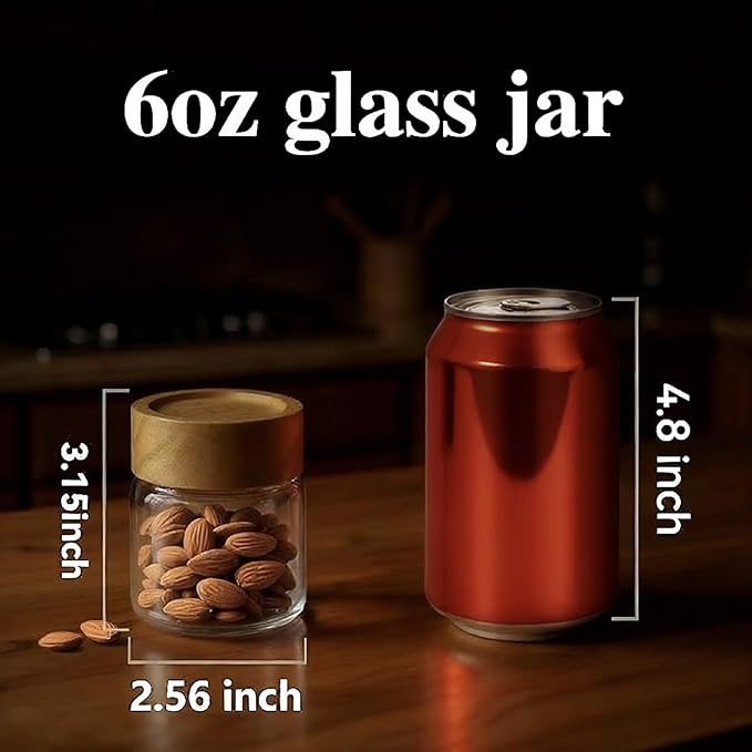 6-Pack 6 oz Airtight Food Sealed Jars with Acacia Wood Lids - Glass Meal Prep Containers for Overnight Oats, Snack Storage, Chia Pudding, Pantry Organization Essentials