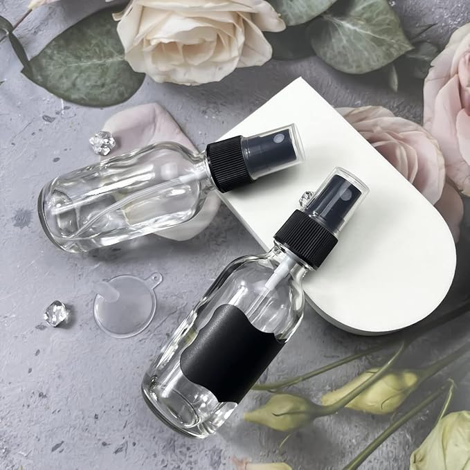 60ml Clear Glass Spray Bottles,Small Empty Fine Mist Perfume Refillable Reusable Travel Spray Bottle for Essential Oils/Hair/Aromatherapy/Cleaning/Cosmetic with Extra Spray Nozzle(2 Pack)