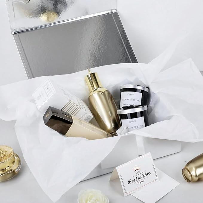 UoeRing 1 Pcs Silver Gift Box 9.5x6x3 inch Small Luxury Gift Box for Presents with Magnetic Lid Collapsible,Birthday,Christmas,Contains Card, Ribbon, Tissue Paper,Shredded Paper Fille