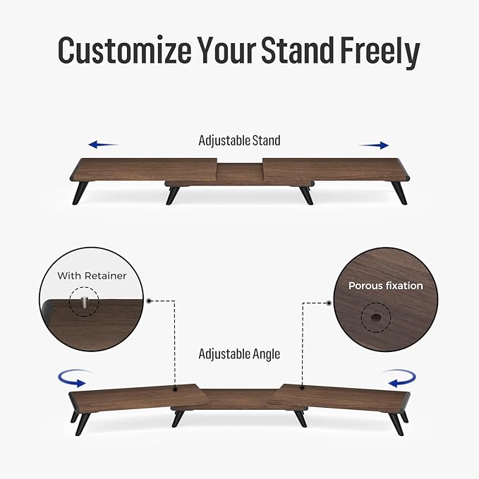 loukin Dual Monitor Stand Riser for Desk, 43.6"*8.2"*3.2" Large Computer Stand for 2 Monitors, Laptop, Printer, Length and Angle Adjustable Computer Shelf, Home Office,Max 43.6" Length(Brown)