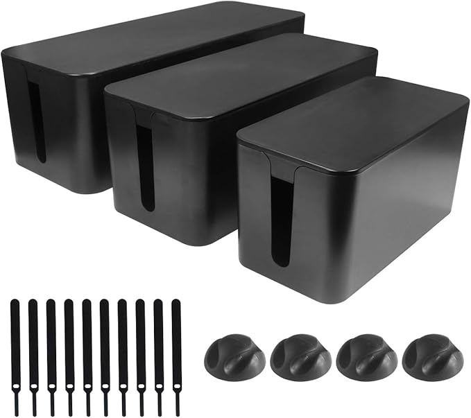 DUNCHATY 3 Pack Cable Organizer Box with Large, Medium, Small Cord Hider Box Safe ABS Material for Cover and Hide TV Wires, Computer, Router, USB Hub and Under Desk Power Strip&Cords
