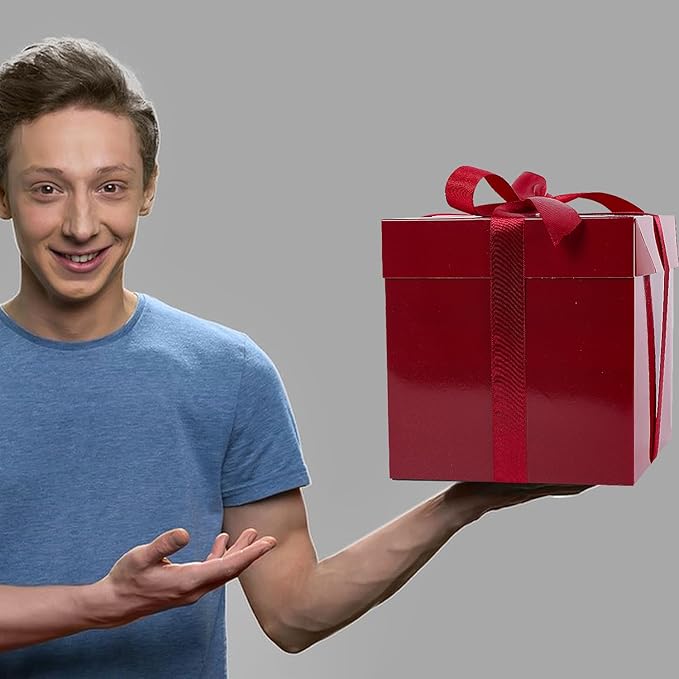 Jaywayang 5 Pack Red Gift Boxes with Lids, Ribbons and Tissue Papers Square Gift Boxes - 7.1 Inch - Christmas Presents Wrapping, Valentine's Day Decoration Party Favor Boxes.