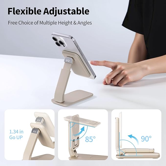 iWALK Magnetic Cell Phone Stand for Desk, Angle and Height Adjustable Mobile Phone Holder, Foldable Magnet Stand for iPhone 17 16 15 14 13 12 Pro Max and iPad, Cell Phone Holder, Light Brown