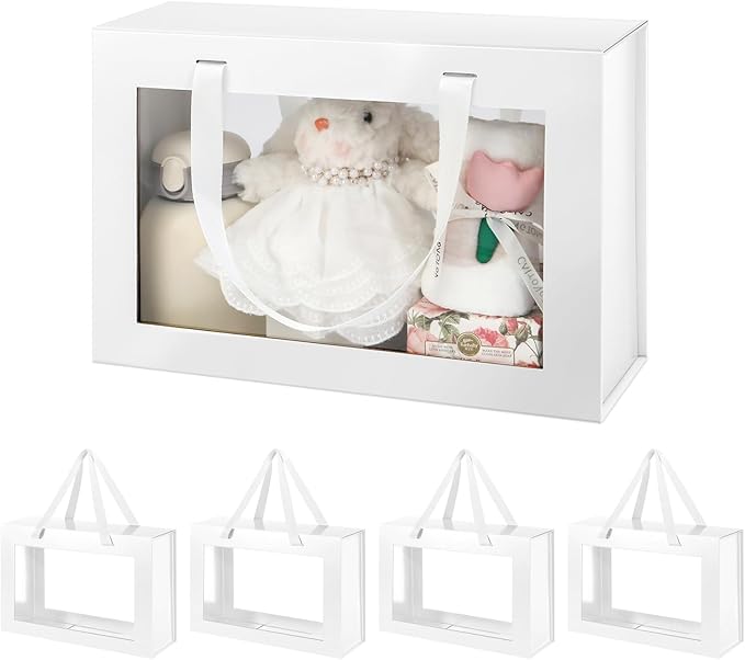 JINGUAN Large White Clear Gift Boxes, 13.5x9x4.1 Inches Gift Boxes with Windows by Handles, Bridesmaid Proposal Boxes, Collapsible Gift Boxes with Magnetic Closure (Glossy White, 5 Pack)