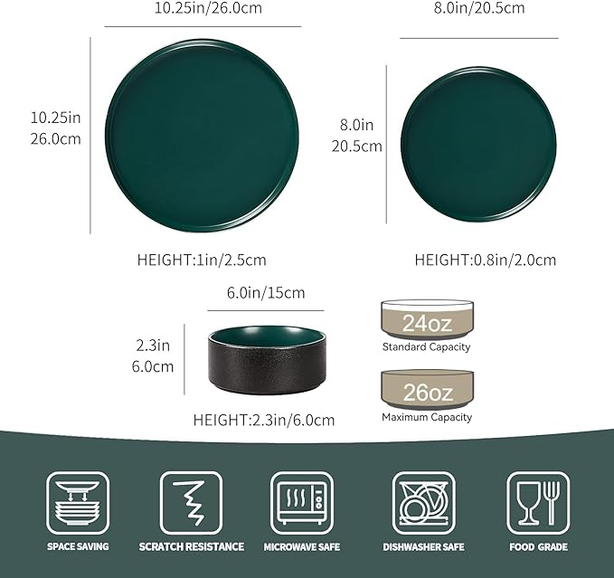 GZG Classic Series - Plates and Bowls Set for 4, 12 Piece Stoneware Dinnerware Sets, Microwave and Dishwasher Safe Lead-Free Handcrafted Ceramic Dishes Set - Malachite Green