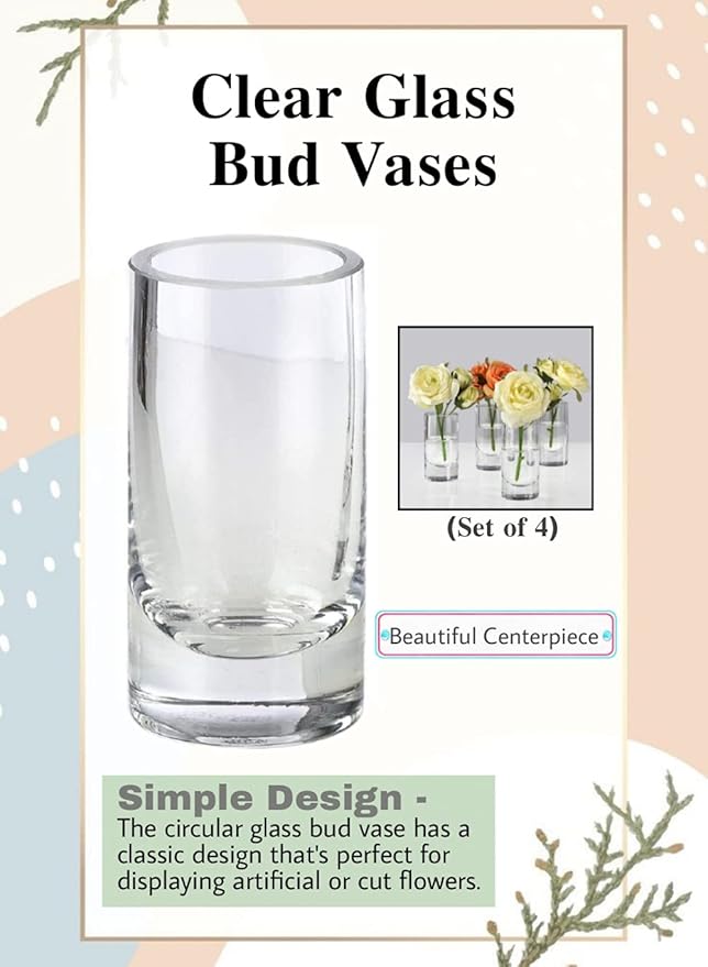 Serene Spaces Living Clear Glass Bud Vases, Set of 4, Ideal for Tablescape at Weddings, Events, Measures 4" Tall and 2" Diameter