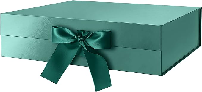 GREEN BEAN Large Gift Box with Lid for Present 13x9.7x3.4 Inches, Green Magnetic Gift Box with Ribbon, Bridesmaid Proposal Box (Glossy Green)