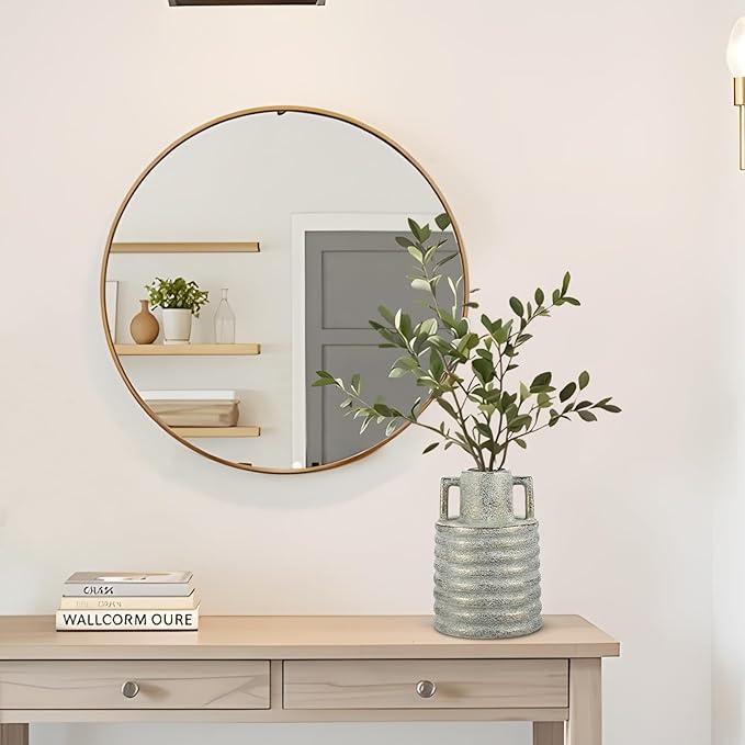 Hollyone Large Vintage Ceramic Vase with 2 Handles, 9.1" Tall Gold-Toned Antique Rustic Decorative Floral Grey Vases for Flowers Home Table Centerpiece Shelf Living Room Entryway Farmhouse Decor