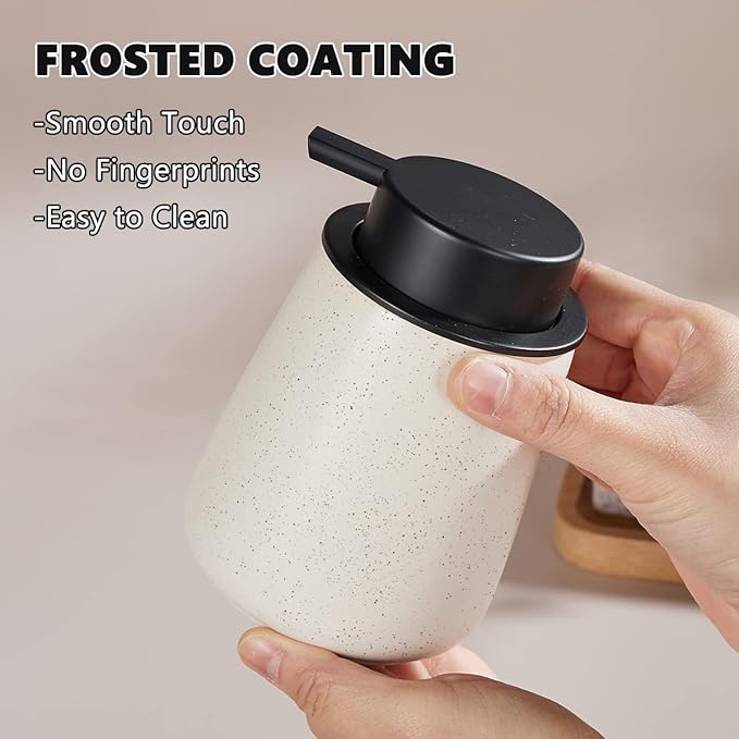12Oz Foaming Soap Dispenser - Ceramic Foam Hand Soap Dispenser with Easy-to-Press Black Pump, Reusable and Refillable Lotion Dish Soap Dispensers for Bathroom & Kitchen, Speckled Matte Beige