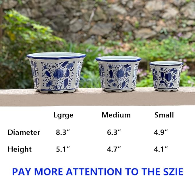 Ceramic Planter, Chinoiserie Decor Ceramic Flower Pots Plant Pots Indoor with Drainage for Orchid Succulent or Small Plants, Blue and White, Set of 3
