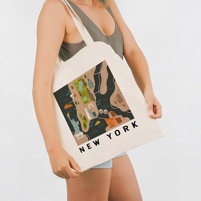 New York Map Canvas Tote Bag, New York Travel Gifts Shoulder Bags, Christmas Gifts to Friends and Family, Reusable Shoulder Tote Bag, Holiday Gift Bags for Wrap Storage