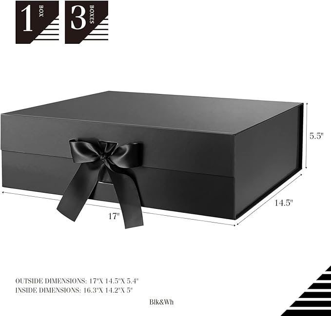 BLK&WH Extra Large Gift Box with Ribbon - 16.3x14.2x5 Inches, Black Groomsman Proposal Box for Large Gifts and Clothes (Glossy)