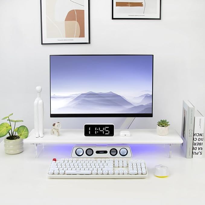 Bamboo Monitor Stand Riser with RGB Lights,31.5 Inches Desktop Shelf with Acrylic Legs Supports for Desk, PC Computer Monitor, Laptops, Printer, Speakers (White)