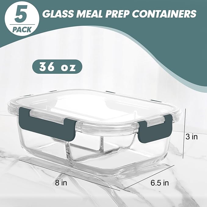 KOMUEE Glass Meal Prep Containers 3 Compartments, 5 Pack 36 oz, Glass Food Storage Containers with Lids, Airtight Lunch Bento Box, Portion Control, Freezer and Microwave Safe