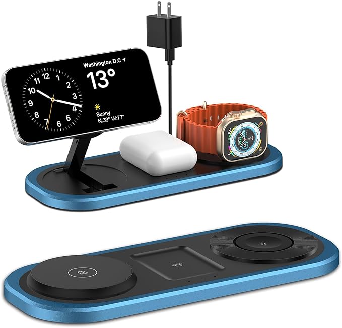 3 in 1 Fast Wireless Charger Stand for iPhone, Foldable Travel Charging Station for Magsafe for iPhone 17/Air/16/15/14/13/12 Series, Apple Watch Series, AirPods pro/2/3/4, 2025 Christ mas Gifts (Blue)