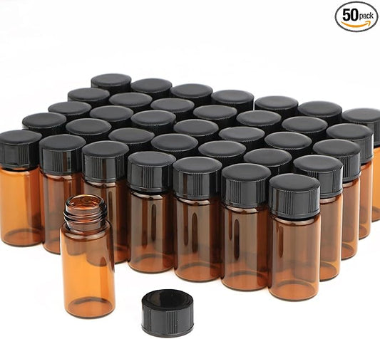 50 Pack,5ml (1/6 oz) Amber Glass Essential Oil Bottle with Screw Caps,Empty Refillable Travel Glass Liquid Sample Vial Preservation Storage Vials Test Container-FREE Funnel&Dropper
