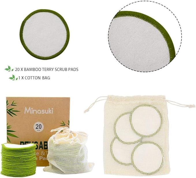 20 Pack Reusable Makeup Remover Pads - Bamboo Reusable Cotton Rounds for Toner, Washable Pads for All Skin Types with Cotton Bag