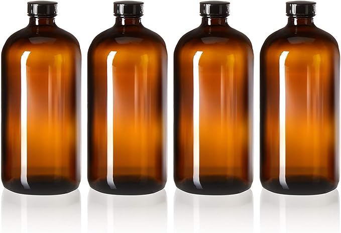kitchentoolz 32oz Amber Glass Boston Round Bottles with Poly Cone Caps – 12 Pack Leak-Proof Bottles for Brewing, Storage, and DIY Projects