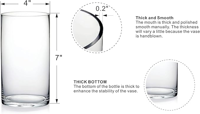 4" Wide 7" High Large Hand Blown Sturdy Clear Cylinder Glass Vase, Centerpiece Flower Vase for Rose, Tulip, Boquets, Hurricane Candle Holder (1, 4"x7")