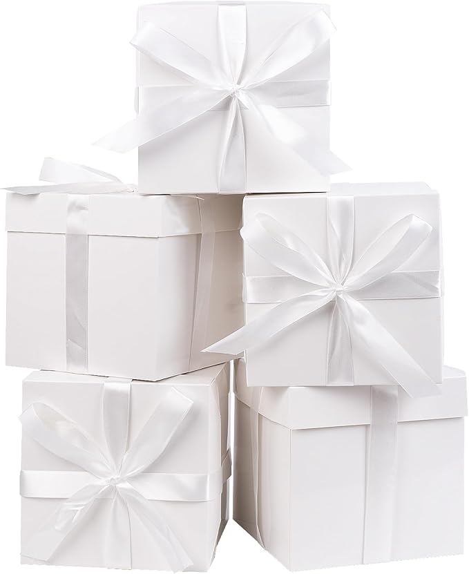 Jaywayang 5 Pack White Gift Boxes with Lids, Ribbons and Tissue Papers Square Gift Boxes - 7.1 Inch - Birthday, Wedding, Presents Wrapping, Mother's Day, Valentine's Day Decoration Party Favor Boxes.