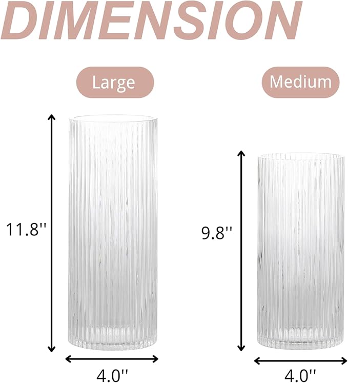 Clear Glass Vases, Glass Flower Vases Set of 2, Ribbed Glass Vases, Clear Vase, Tall Cylinder Vase for Centerpieces, Living Room, Bedroom, Dining Table, Office, Wedding, Bookshelf