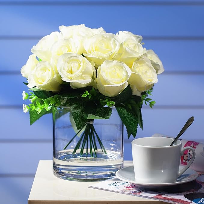 Enova Floral Clear Glass Flower Vase, 6W x 10H Inches Round Flower Vase, Pillar Candle Floating Candle Holders, Tall Cylinder Glass Vase for Flowers, Glass Vase for Home Decor, Wedding (Pack 4)