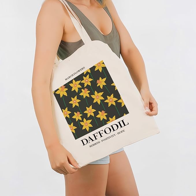 Flower Canvas Tote Bag, March Daffodil Reusable Shoulder Bags, Gifts to Sister and Friends, Holiday Gift Bags for Wrap Storage, Casual Canvas Totes for Work Traveling