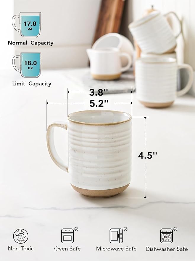 LE TAUCI Coffee Mugs 18 oz,Ceramic Mug Set, Coffee Cups for Latte, Hot Tea, Cappuccino, Mocha, Cocoa, Dishwasher Safe, Suit For Housewarming Wedding- 3.8 inch, Set of 4, Arctic White