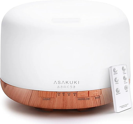ASAKUKI Essential Oil Diffuser 500ml, Ultrasonic Aromatherapy Humidifier with Remote Control, 7 LED Colors, Timer & Auto-Off, Large Room Diffuser