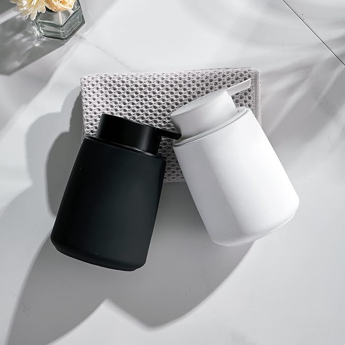12Oz White Soap Dispenser - Modern Ceramic Lotion Hand Soap Dispenser with Easy-to-Press White Pump, Reusable and Refillable Liquid Dish Soap Dispenser for Bathroom, Kitchen (Rubber Paint)