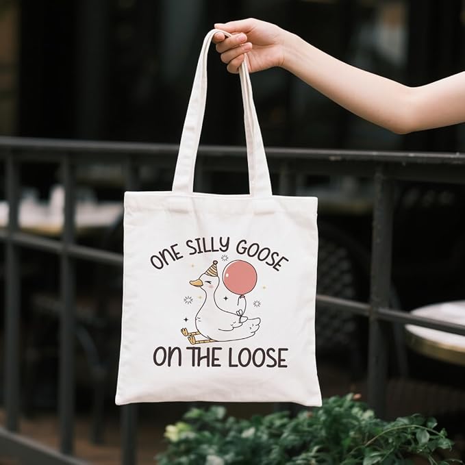Funny Canvas Tote Bag for Women, One Silly Goose Reusable Shoulder Bags, Casual Canvas Totes to Work Traveling, Holiday Gift Bags for Wrap Storage, Christmas Gifts to Friends and Family
