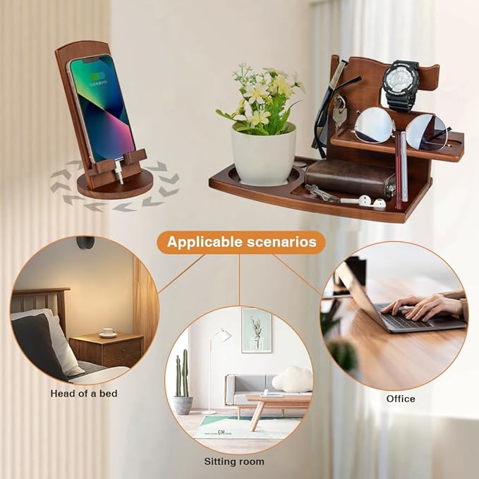 Gifts for Men, Fathers Day Wood Phone Docking Station for Dad, Desk or Nightstand Organizer, Mens Gifts for Husband, Birthday Gifts for Men,Gifts for Fathers Day, Key Holder Wallet, Watch & Essentials