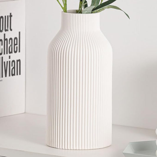 10 Inch White Ceramic Vase for Decor,Minimalist Modern Home Decorative Large Flower Vase for Pampas Grass,Bookshelf, Living Room, Shelf, Bedroom, Bathroom, Entryway Mantel Decor