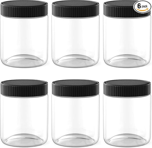 8 Oz Clear Plastic Jars with Black Lids Refillable Kitchen Storage Containers for Dry Food, Coffee, Nuts and More, 6 Pack