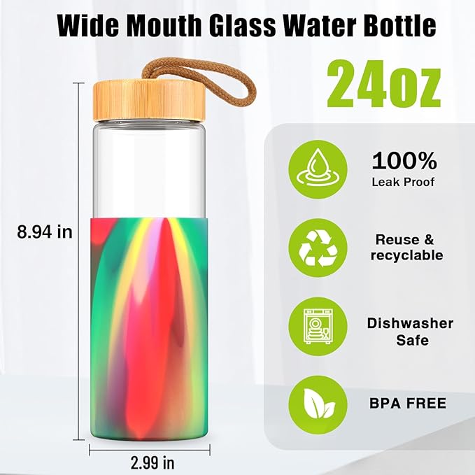 Tronco 24oz Glass Water Bottles with Bamboo Lid & Silicone Sleeve, Leak Proof, BPA Free, Reusable Borosilicate Glass Bottles for Juicing, Smoothies, Juice & Water, for Men & Women Gym, Office, Travel