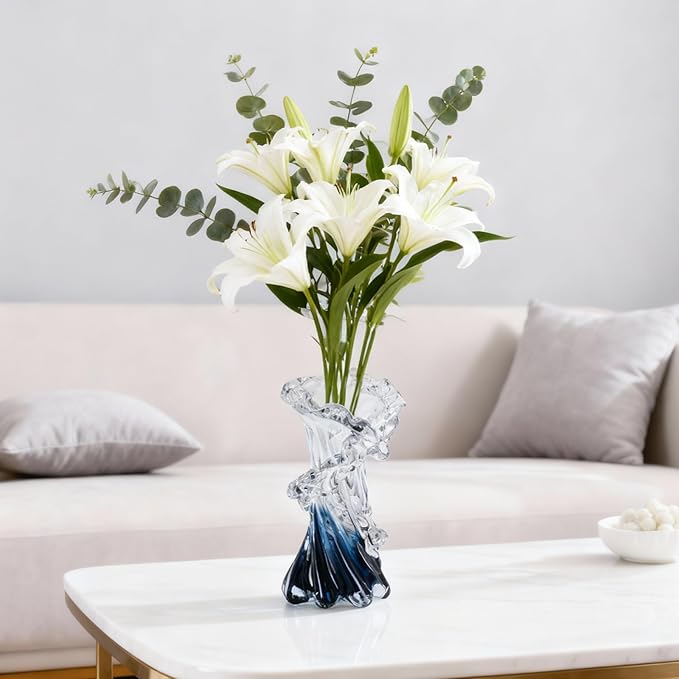 Hand Blown Blue Glass Vase, Unique Art Beautiful Ocean Glass Vase for Home Centerpiece, Coffee Table, Living Room, Office Decor - 8" H