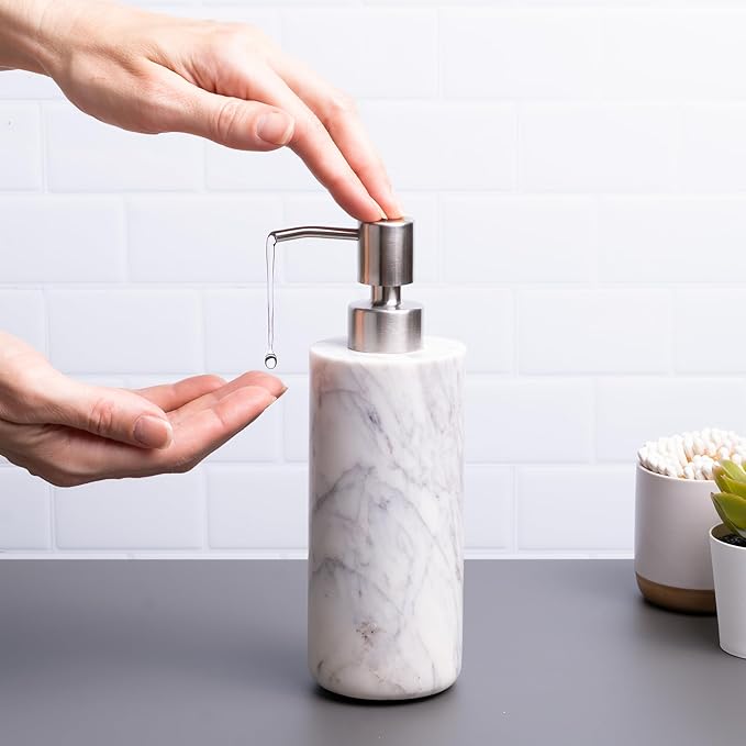 Cork & Mill Marble Soap Dispenser for Bathroom Countertop or Kitchen Sink, Real Natural White Stone with Stainless Steel Pump Top, Ideal for Lotion, Liquid Dish or Hand Soap, Modern Bath Accessories