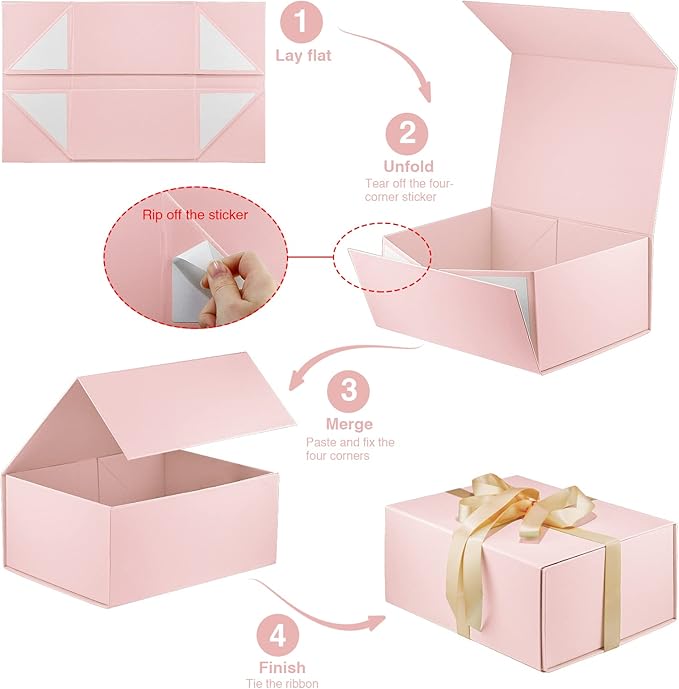 MOYEUPAC Pink Gift Box,9" X 7" X 4" with Ribbon for Presents Magnetic Closure Gift Packaging for Christmas, Halloween, Birthday