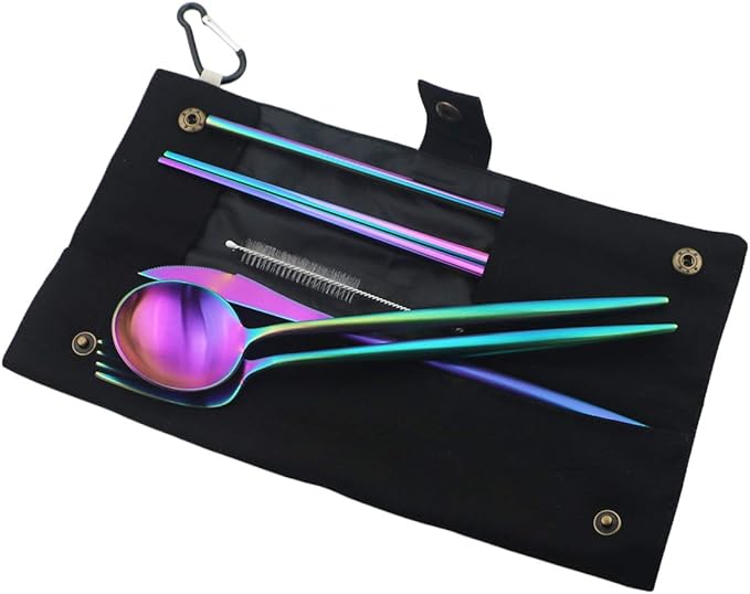 Gugrida Luxury Rainbow Matte Portable 18/10 Stainless Steel Travel Flatware Sets of 7 Portable Camping Cutlery Set, Healthy & Eco-Friendly Flatware Set with Carrying Case for Travel or Camping