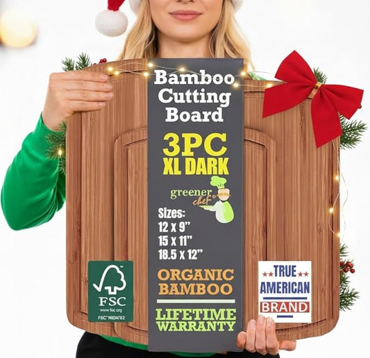 Organic Bamboo Cutting Board Set with Lifetime Replacements - 3pc Non Toxic Wood Chopping Board for Charcuterie, Meat, Vegetables and Fruits - Ideal Kitchen Gifts for Home Chefs