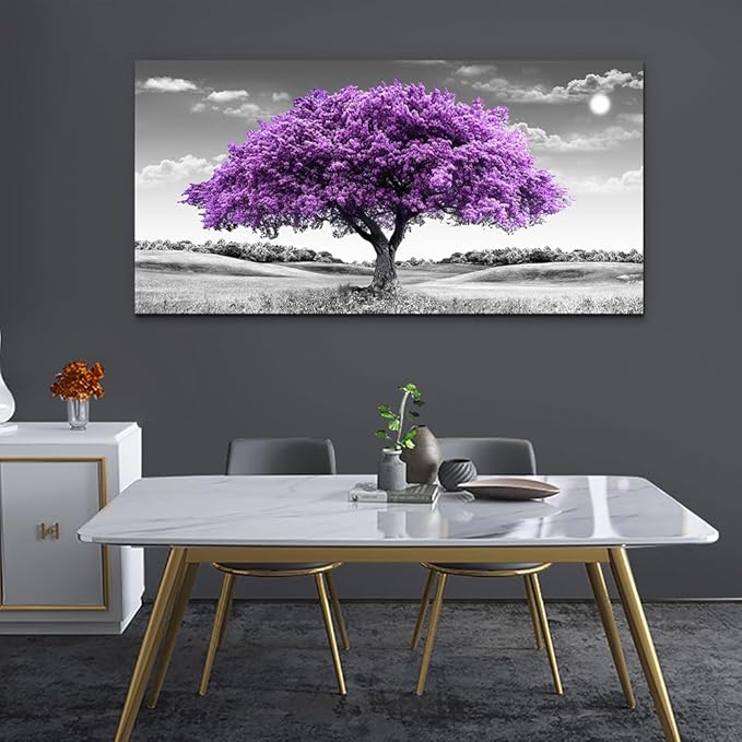 Large Canvas Wall Art for Living Room Wall Decor for Office Aesthetic Bedroom Wall Decorations Purple Tree Landscape Painting Black and White Pictures Artwork Room Modern Home Decor