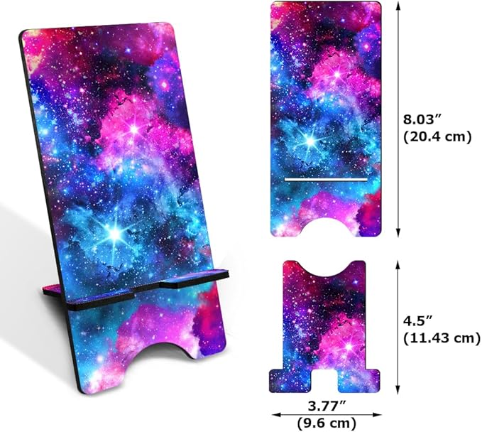 FINCIBO Cell Phone Stand Holder for Desk, Charging Stand for All Smartphones, Office Desktop Accessories Compatible with iPhone 15 14 13, Android Smartphones - Celestial Blue Purple Galaxy