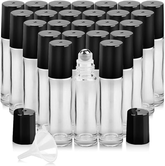 25 Pack Essential Oil Roller Bottles, 10ml Refillable Clear Glass Roller Bottles with Stainless Steel Roller Balls and Caps for Travel, Perfume and Lip Gloss