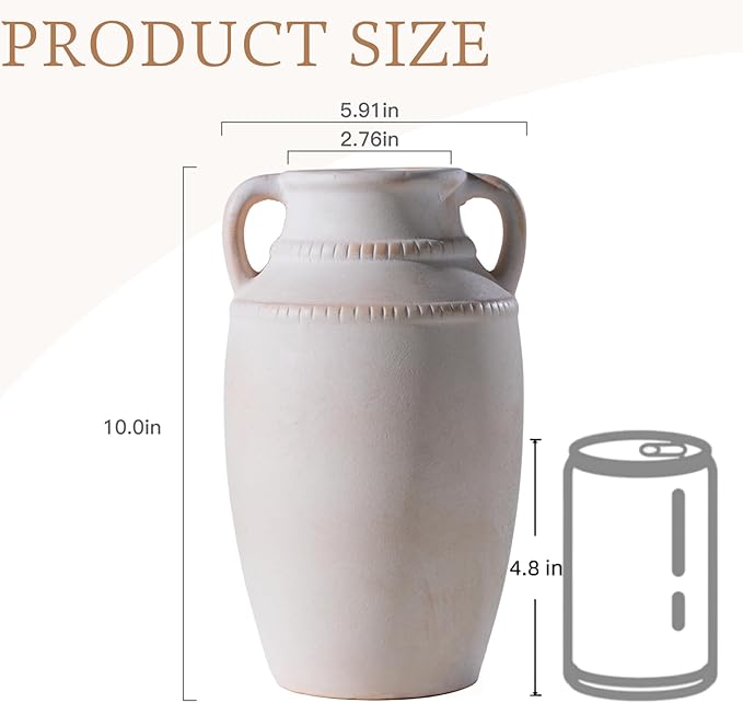 Beige Ceramic Vase with Handles, 10.5 Inch Boho Modern Aesthetic Textured Table Vases for Anthropologie Home Decor Centerpieces (Cream Beige White)
