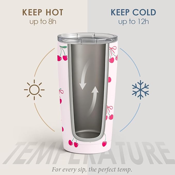 SANDJEST Cherry Tumbler 20oz, Stainless Steel Travel Cup with Lid, Insulated Coffee Mug, Cherry Gifts for Women Girls Friends Sisters on Birthday Christmas
