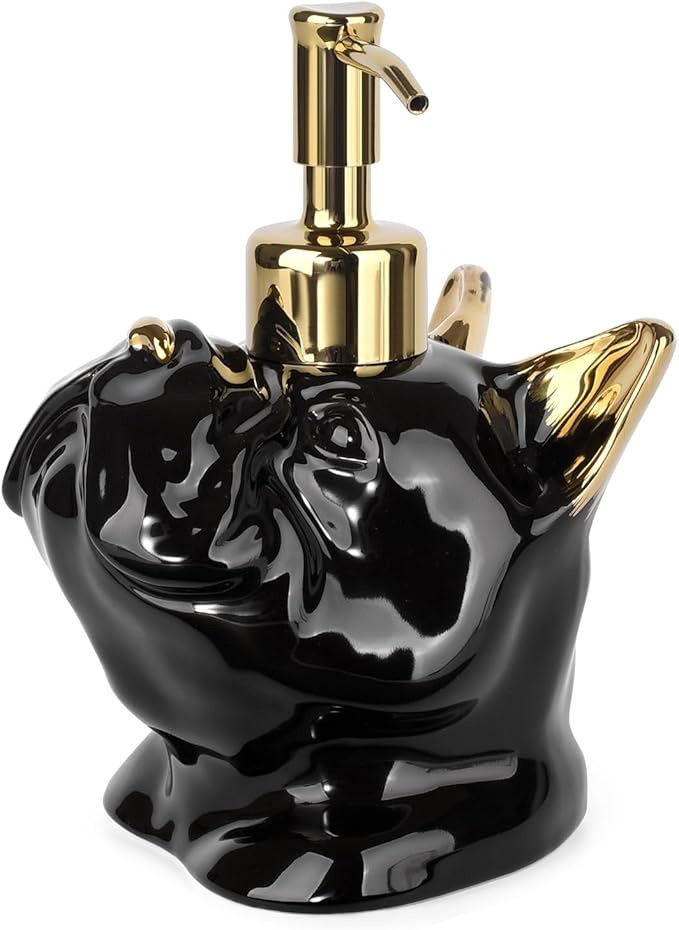 French Bulldog Shaped Soap/Lotion/Hand Sanitizer Bulldog Ceramic Stainless Steel Pump Dispenser Gifts for Lover, Refillable for Kitchen and Bathroom(Gold/Black)